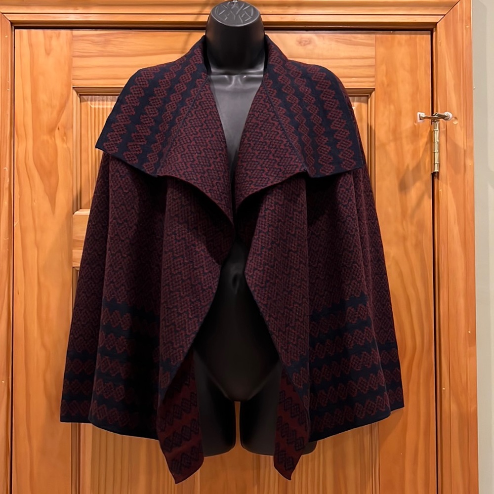 Ann Taylor LOFT Burgundy and Navy Blue Print Open Front Wool Cardigan Sweater